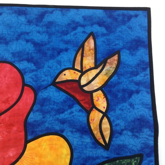 Quilted Fusible Applique Hummingbird Hibiscus 29 1/4" x 23 1/4" Handmade Panel - Picture 5 of 16